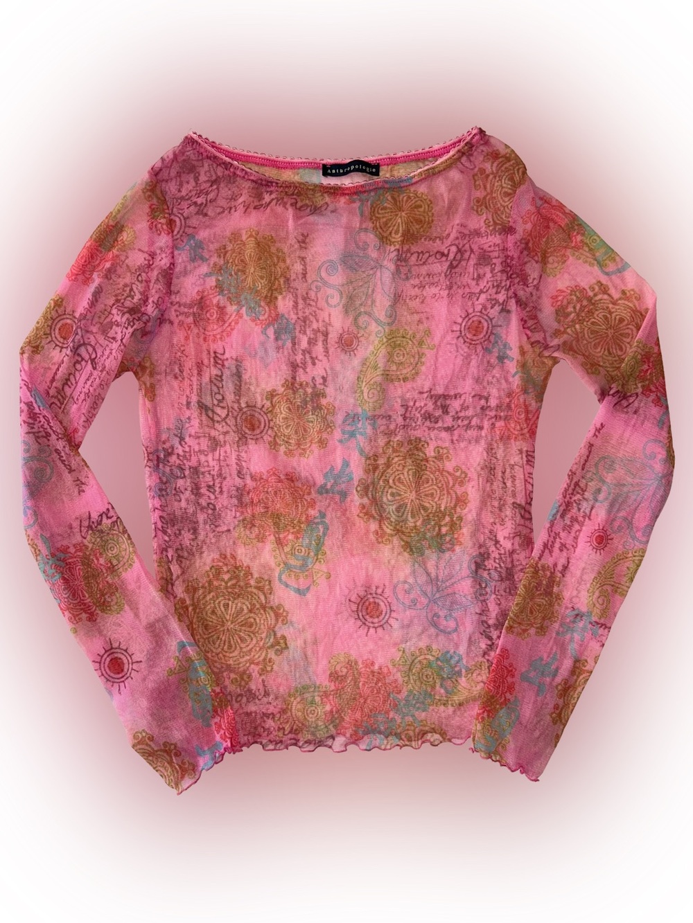 Vintage 90s Y2K Anthropologie Pink Fairy Tattoo Script Indie Sleaze Mesh Top